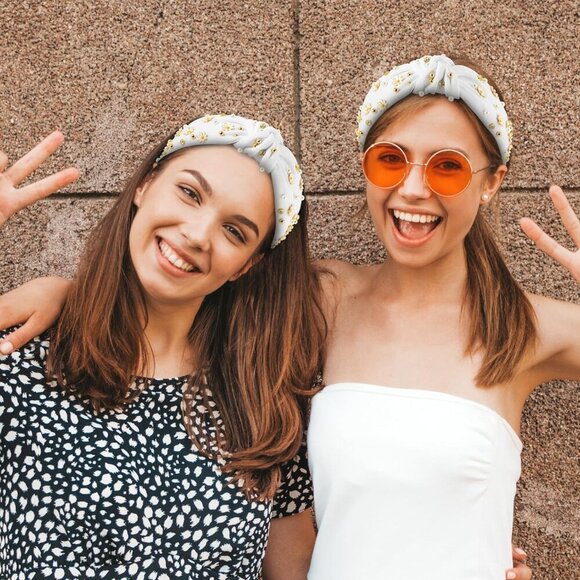 Daisy Jeweled Knotted Headband - Rhinestone Crystal Beads Embellished Headband W - Picture 5 of 6